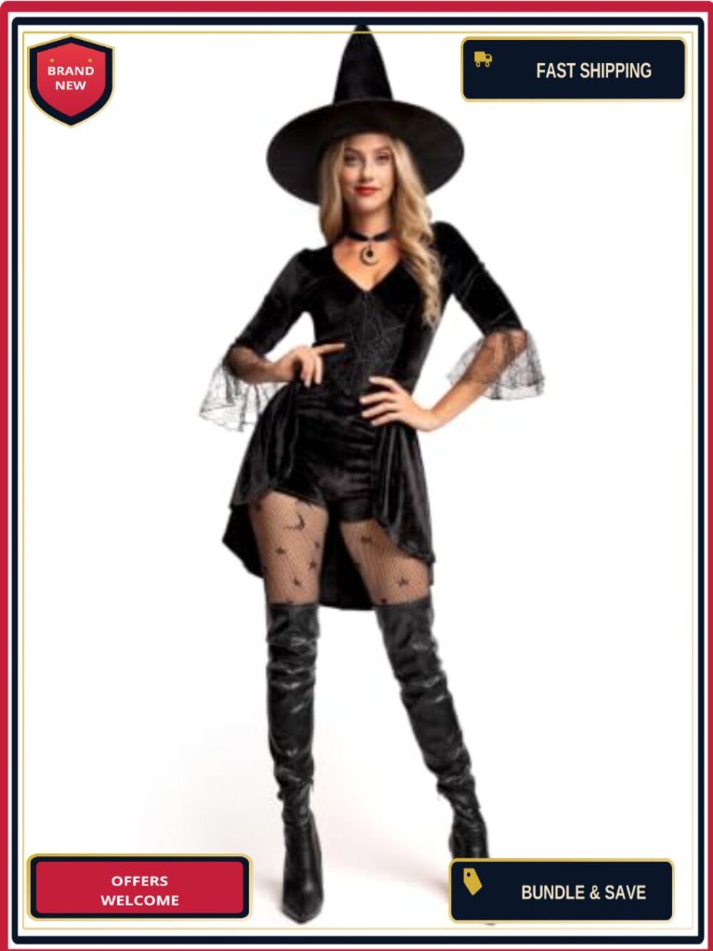 Witch Halloween Costume Bodysuit Stretch Velour Lace Sleeve